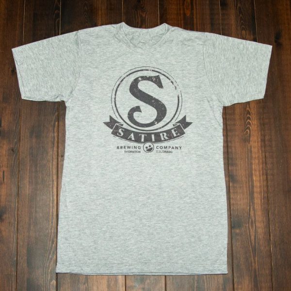 Satire Branded light grey shirt.