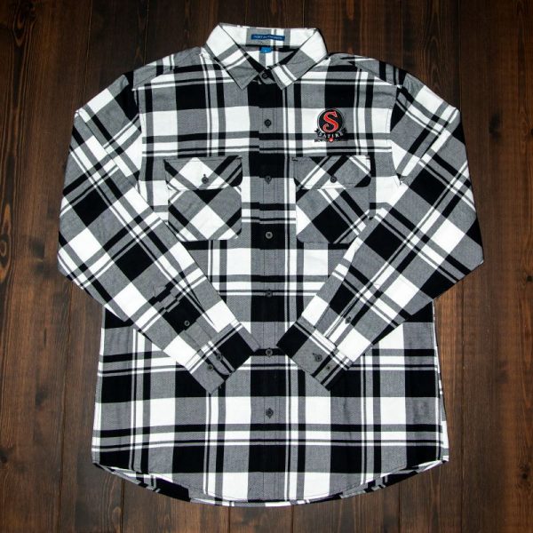 Satire Brewing Company white and black flannel.